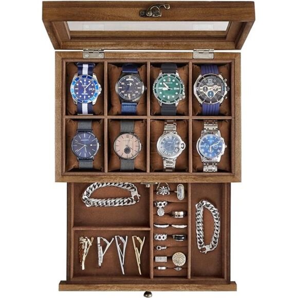 Wood Watch Box 8 Slot Two Tier Display Case Glass Lid Velvet Jewelry Storage - Picture 7 of 7